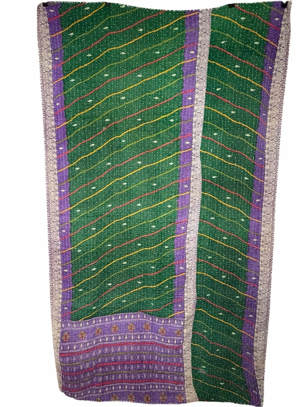 Vintage Handmade Printed Kantha Quilt India Sari Throw Blanket Twin 52x80